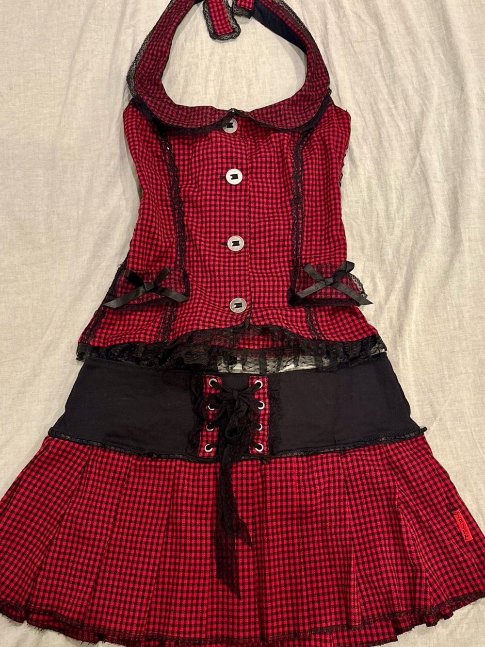 Original Tripp Nyc Black and Red Gingham Frilly Size M 2 Piece Corset Skirt Set
